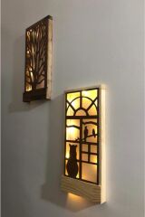 Aç Kapa Ledli Masif Ahşap Tablo Hol Antre Gecelamba Duvar Süsü 36x18 2'li