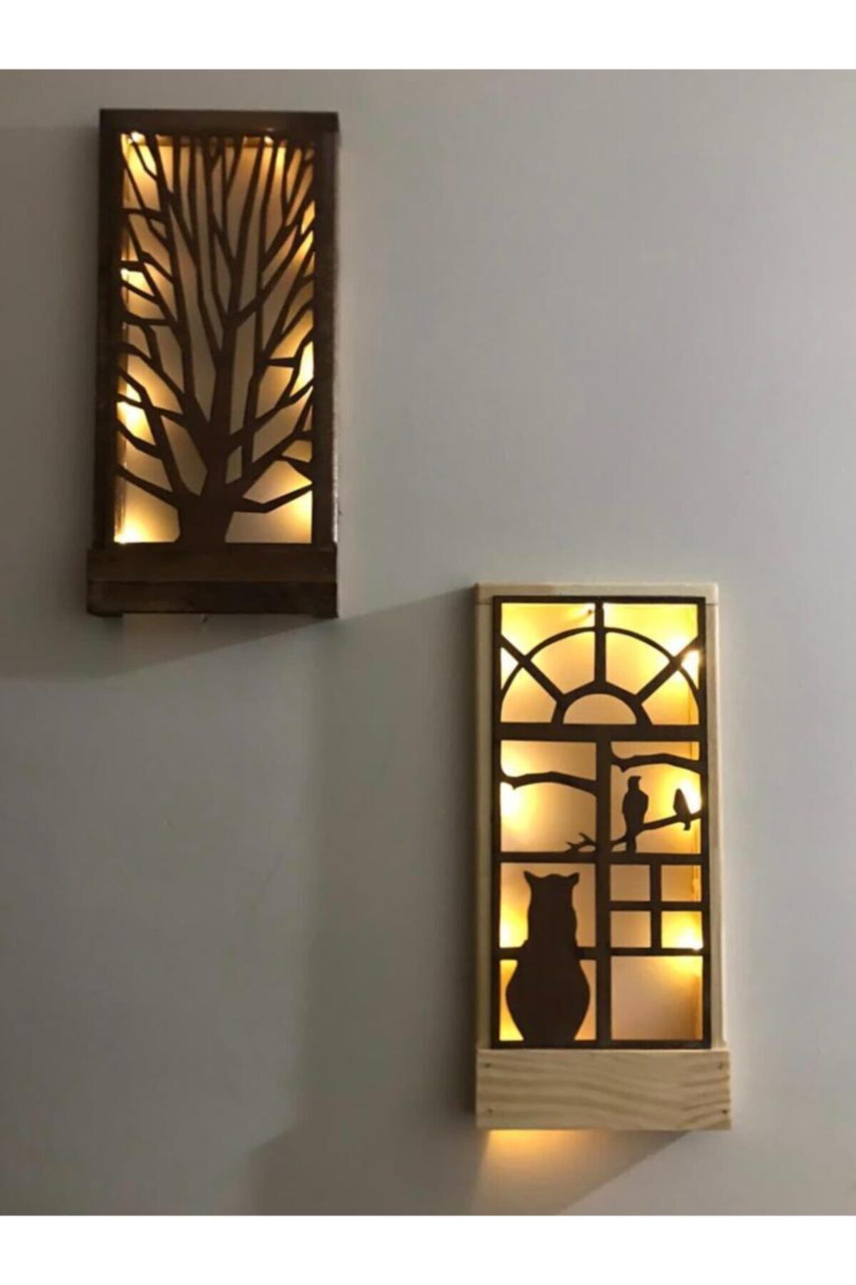 Aç Kapa Ledli Masif Ahşap Tablo Hol Antre Gecelamba Duvar Süsü 36x18 2'li