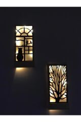 2'li Piller Hariç Peri Ledli Duvar Süsü Masif Ahşap 18x36 Tablo Gece Lamba Antre Hol Ev Hediyesi