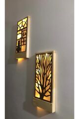 2'li Piller Hariç Peri Ledli Duvar Süsü Masif Ahşap 18x36 Tablo Gece Lamba Antre Hol Ev Hediyesi