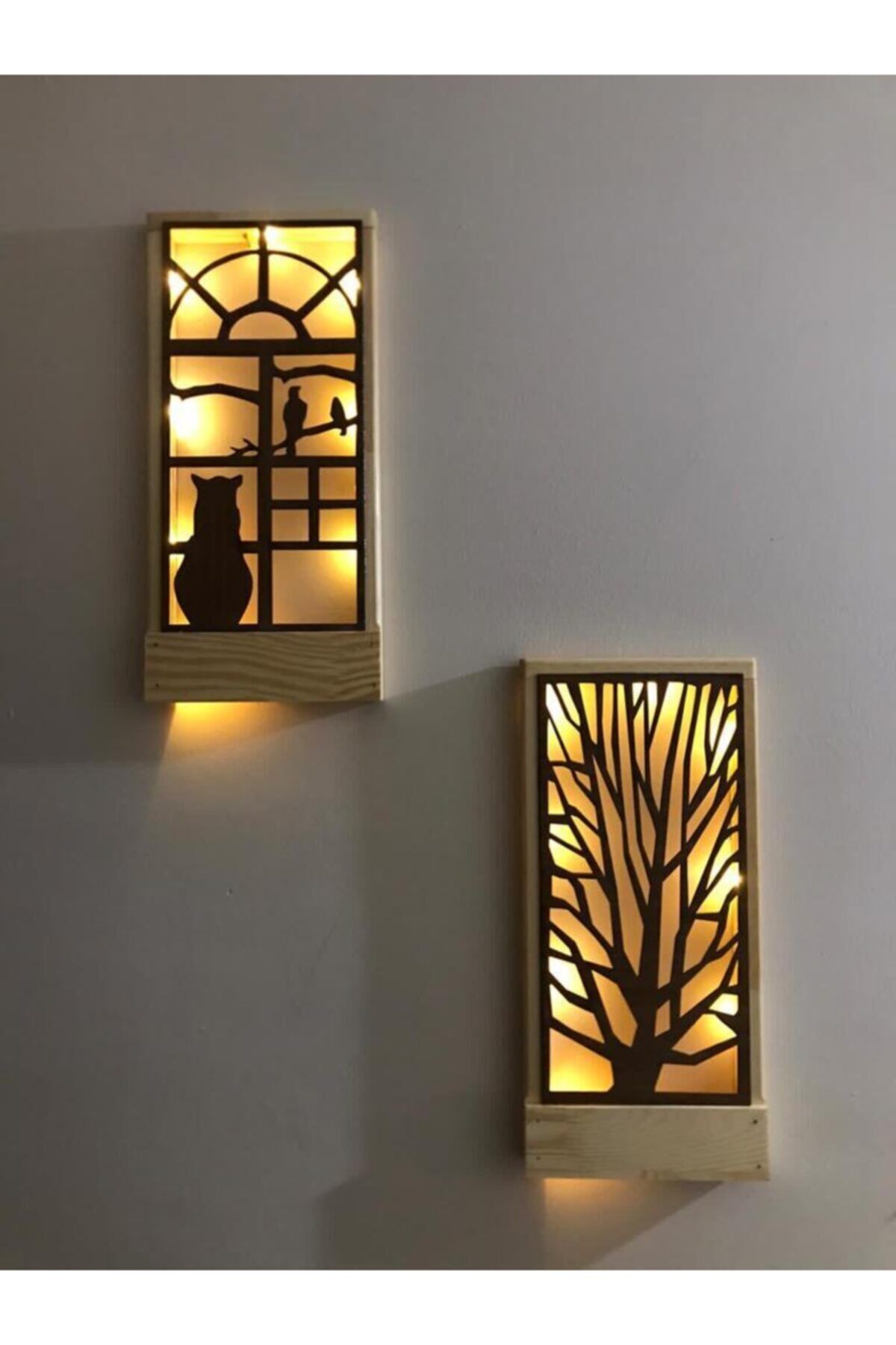 2'li Piller Hariç Peri Ledli Duvar Süsü Masif Ahşap 18x36 Tablo Gece Lamba Antre Hol Ev Hediyesi