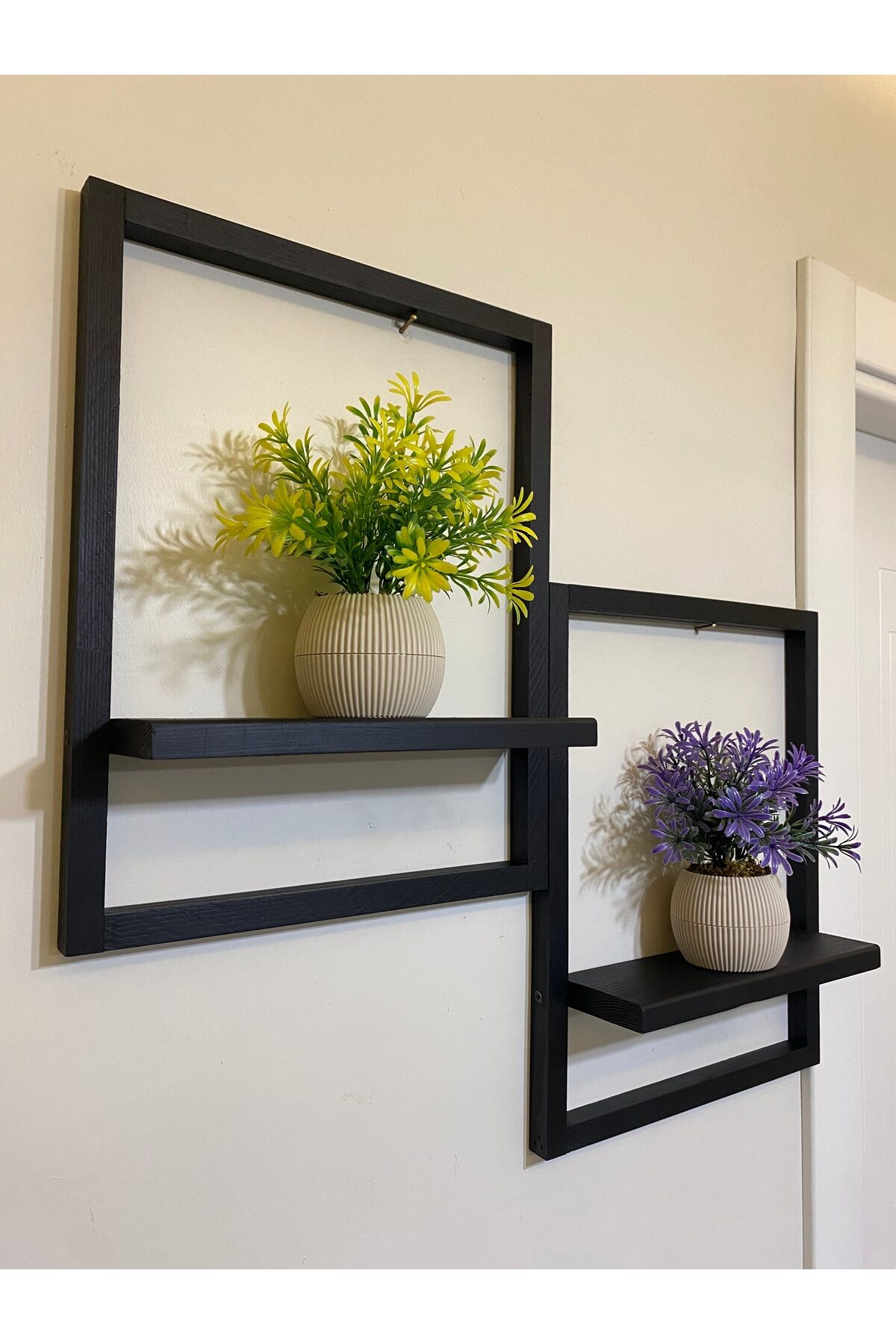 2' Li Lüx Dekoratif Siyah Ahşap Çerçeveli Raf Çiçeklik Duvar Süsü Ev Antre Hol Balkon Süsü