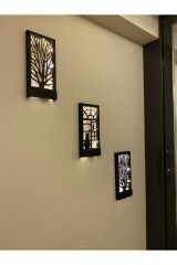 Siyah 3 Lü Set Pillerhariç Peri Ledli Ahşap Işıklı Tablo Ev Hediyesi Hol Antre Gece Lamba Duvar Süsü