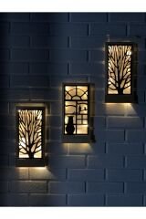 Peri Ledli Sarı-siyah 3lü Set Pillerhariç Ahşap Işıklı Duvar Süsü Gece Lambası Antre