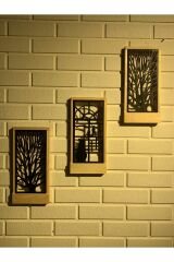 Peri Ledli Sarı-siyah 3lü Set Pillerhariç Ahşap Işıklı Duvar Süsü Gece Lambası Antre