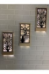 Peri Ledli Sarı-siyah 3lü Set Pillerhariç Ahşap Işıklı Duvar Süsü Gece Lambası Antre