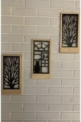 Peri Ledli Sarı-siyah 3lü Set Pillerhariç Ahşap Işıklı Duvar Süsü Gece Lambası Antre