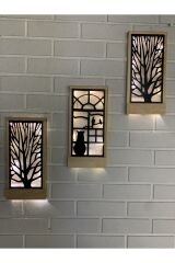 Peri Ledli Sarı-siyah 3lü Set Pillerhariç Ahşap Işıklı Duvar Süsü Gece Lambası Antre