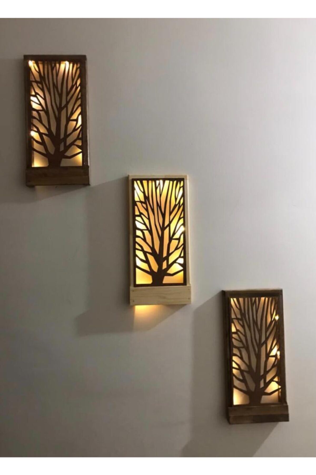 3 Lü Set Açkapa Peri Ledli Masifahşap Tablo Ev Hol Antre Gecelamba 36x18 Duvar Süs