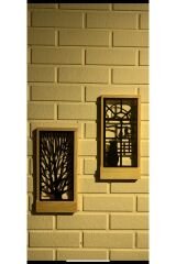 2 Li Set Peri Ledli Sarı-siyah Pillerhariç Ahşap Işıklı Duvar Süsü Gece Lambası Antre