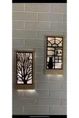 2 Li Set Peri Ledli Sarı-siyah Pillerhariç Ahşap Işıklı Duvar Süsü Gece Lambası Antre