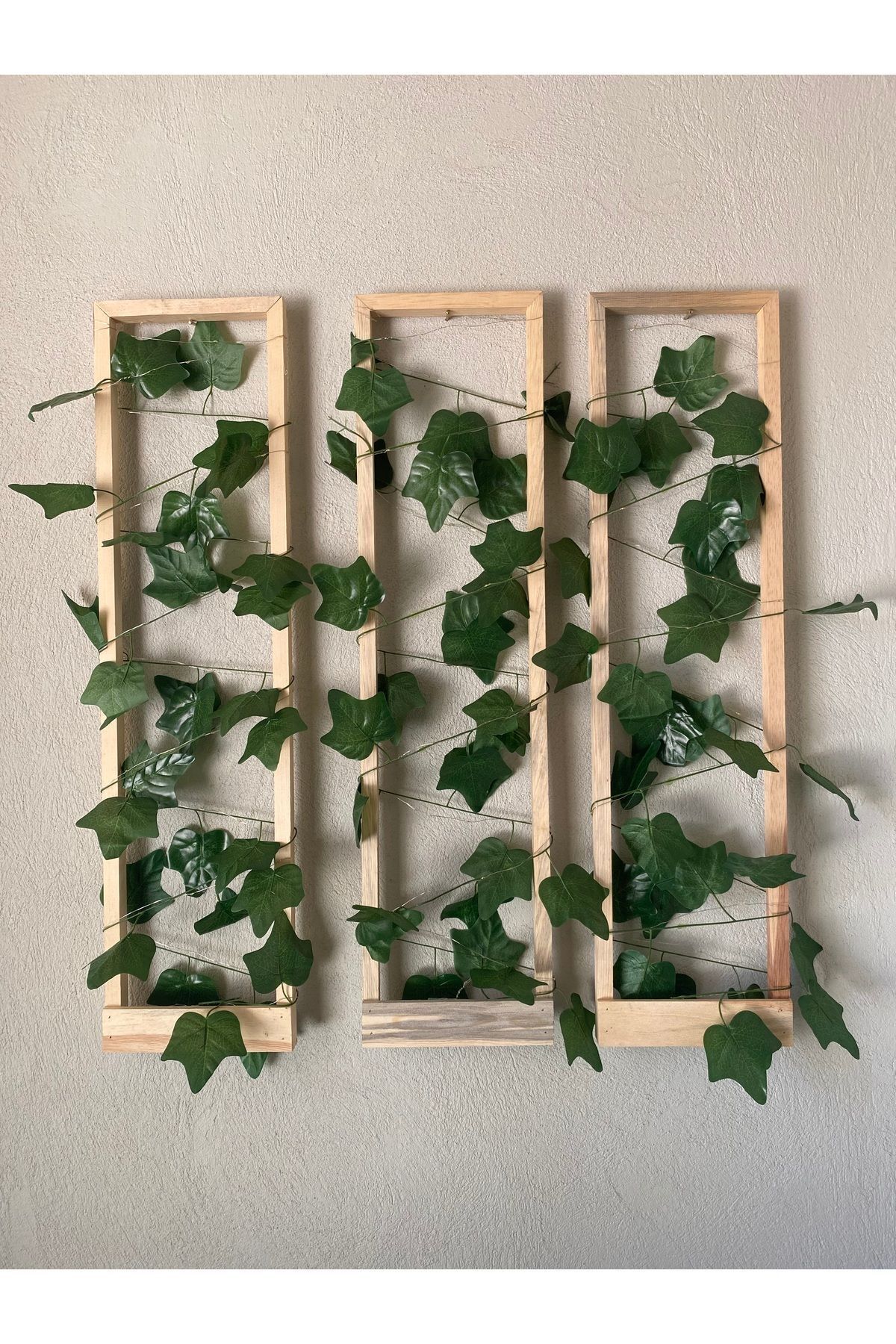 3'lü Ahşap Peri Ledli Sarmaşıklı Duvar Çıtası Kış Bahçesi Balkon Duvar Dekor Bohem Retro Çeyiz