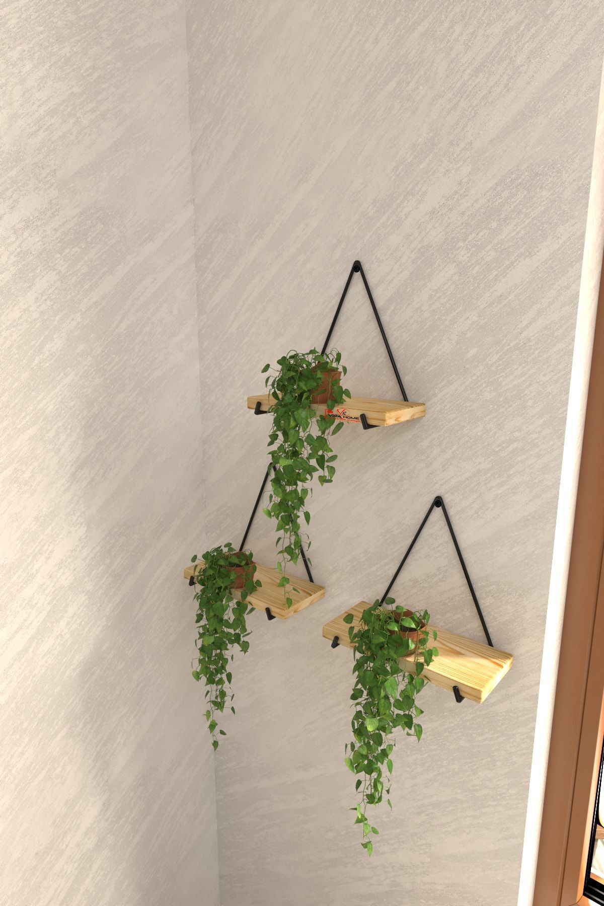 3 Lü Gerçek Masif Ahşap Dekoratif Raf Balkon Tanzim Çiçeklik