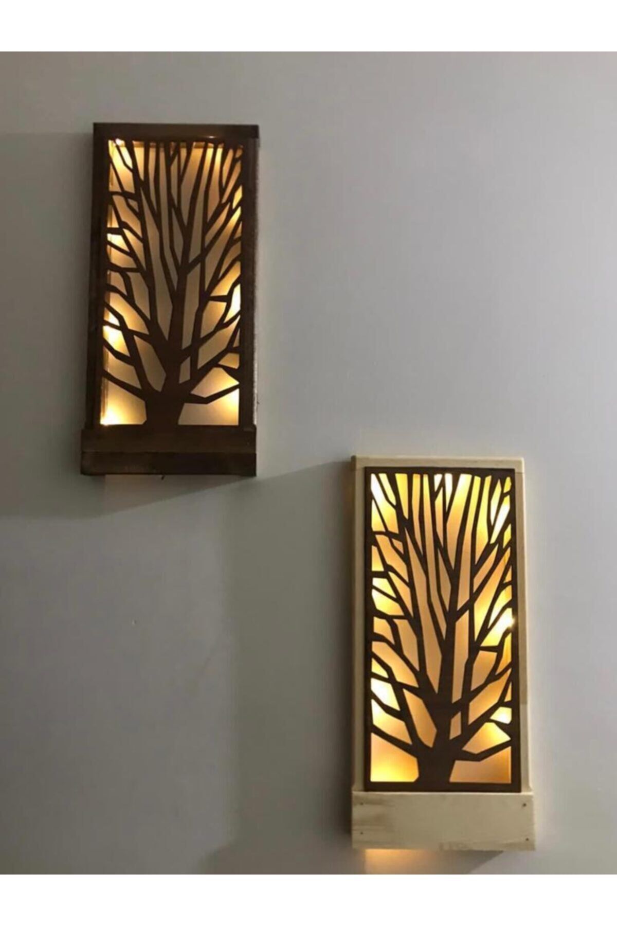 2liset Piller Hariç Ağaç Desenli Peri Ledli Masifahşap Tablo Ev Hediye Hol Antre Gecelamba 36x18