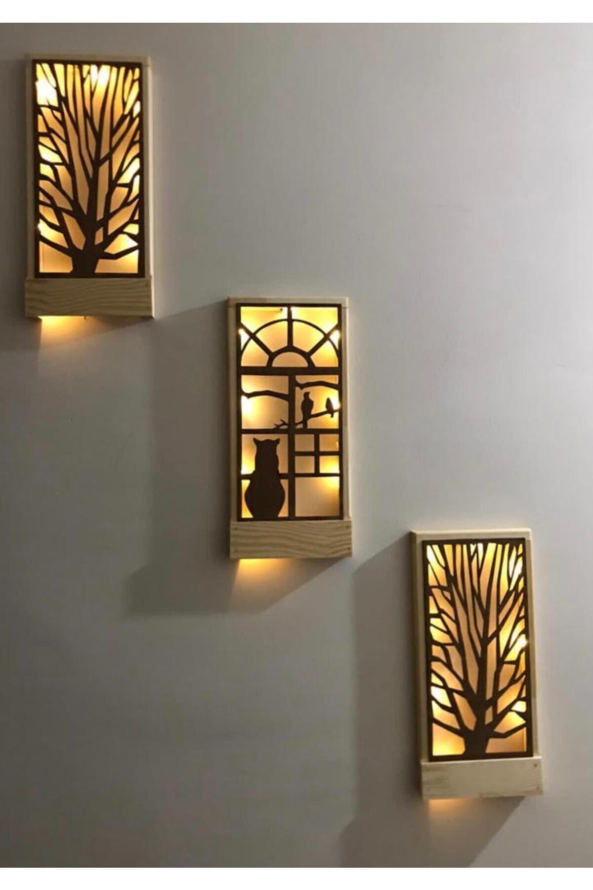 Peri Ledli 3lüset Piller Hariç Açkapa Masifahşap Tablo Ev Hediye Hol Antre Gecelamba 36x18 Duvar Süs