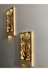 Işıklı Ağaç Desenli Peri Ledli Masifahşap Tablo 36x18 2li set