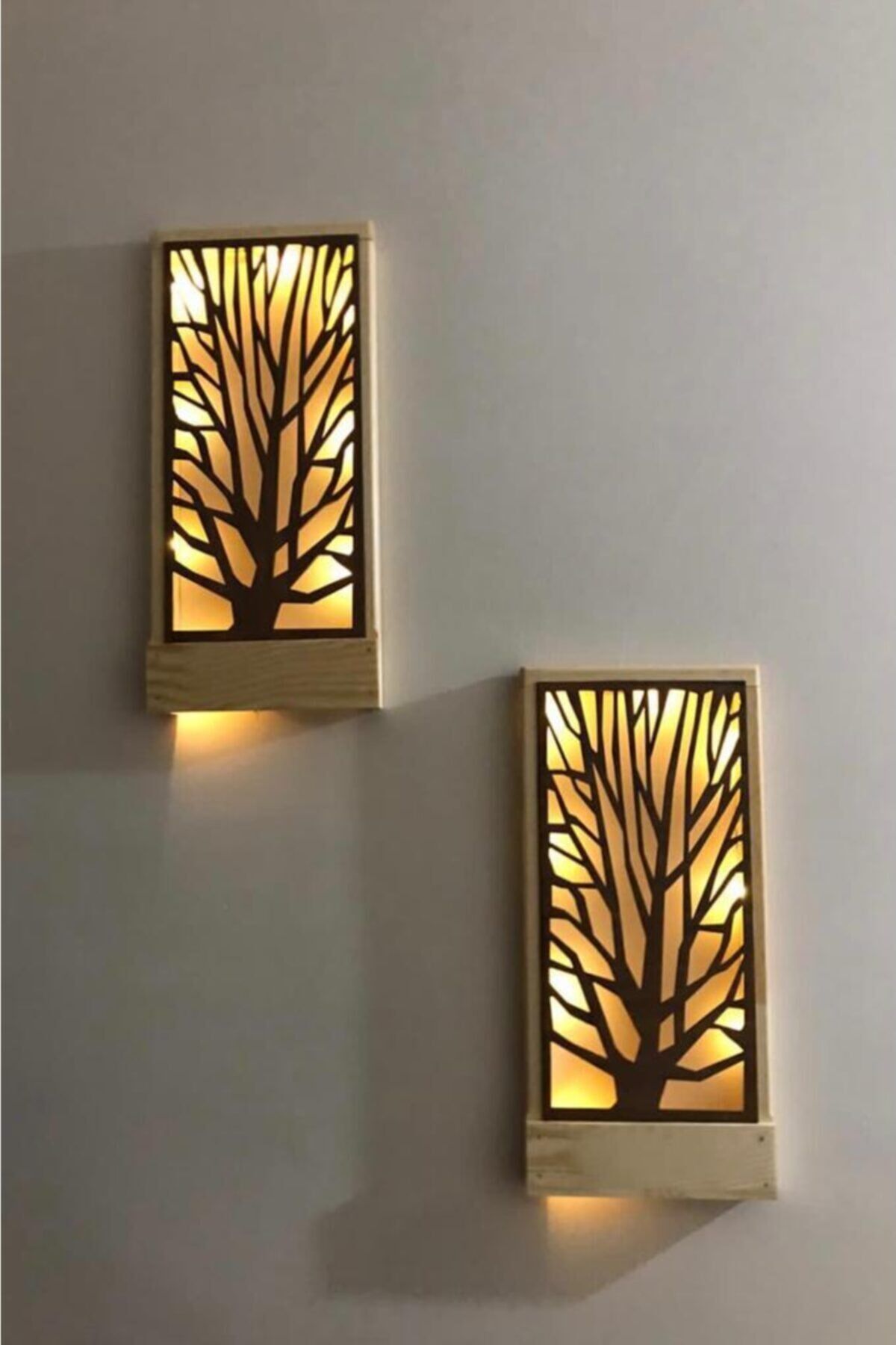 Işıklı Ağaç Desenli Peri Ledli Masifahşap Tablo 36x18 2li set