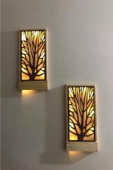 Işıklı Ağaç Desenli Peri Ledli Masifahşap Tablo 36x18 2li set