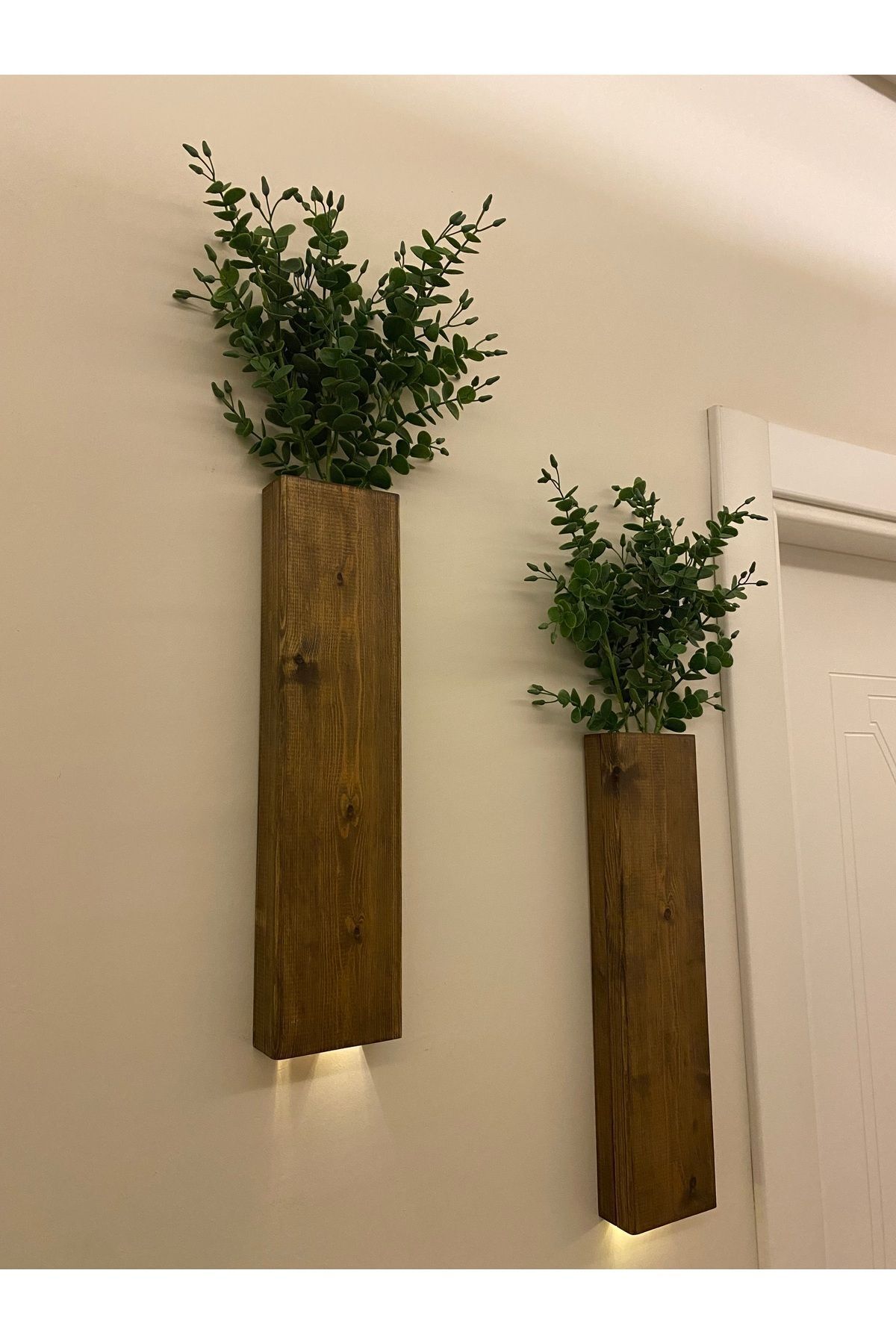 2 Li Ledli Ahşap Çiçeklik Dekoratif Aydınlatma Yapay Çiçek Balkon Dekoru Otel Rustik Pil Hariç 40cm