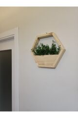 Lüks Dekoratif Ahşap Altıgen Duvar Saksısı Yapay Çiçek Dahil Taş Yosunlu Saksılık Duvar Dekorasyon