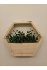 Lüks Dekoratif Ahşap Altıgen Duvar Saksısı Yapay Çiçek Dahil Taş Yosunlu Saksılık Duvar Dekorasyon