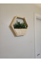 Lüks Dekoratif Ahşap Altıgen Duvar Saksısı Yapay Çiçek Dahil Taş Yosunlu Saksılık Duvar Dekorasyon