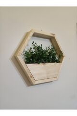 Lüks Dekoratif Ahşap Altıgen Duvar Saksısı Yapay Çiçek Dahil Taş Yosunlu Saksılık Duvar Dekorasyon