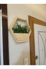 Lüks Dekoratif Ahşap Altıgen Duvar Saksısı Yapay Çiçek Dahil Taş Yosunlu Saksılık Duvar Dekorasyon