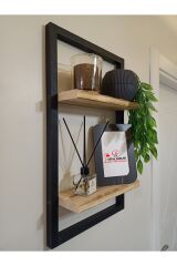 Lüx Dekoratif Siyah Ahşap Çerçeveli Iki Katlı Duvar Rafı Çiçeklik Duvar Süsü Ev Antre Balkon Rafı