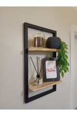 Lüx Dekoratif Siyah Ahşap Çerçeveli Iki Katlı Duvar Rafı Çiçeklik Duvar Süsü Ev Antre Balkon Rafı