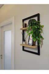 Lüx Dekoratif Siyah Ahşap Çerçeveli Iki Katlı Duvar Rafı Çiçeklik Duvar Süsü Ev Antre Balkon Rafı