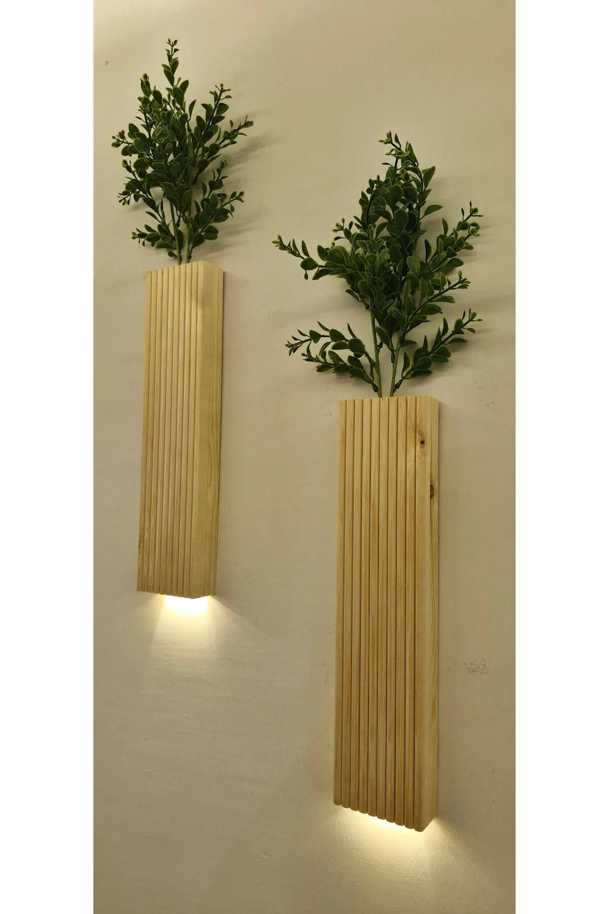 2 Li Lüks Peri Ledli Ahşap Çiçeklik Dekoratif Aydınlatma Balkon Dekoru Otel Cafe Rustik 40cm