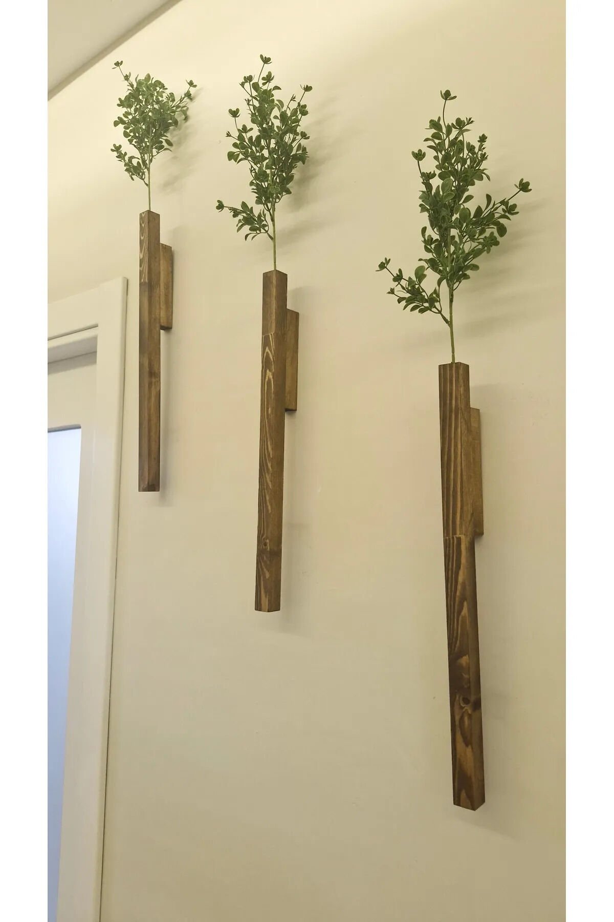 3'Lü Dekoratif Ahşap Çiçeklik Duvar Dekoru Rustik Çiçeklik Yapay Çiçek Ev Antre Balkon Saksılık 50cm