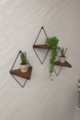 3 Lü Lüks Doğal Masif Ahşap Dekoratif Üçgen Raf Balkon Tanzim Çiçeklik Saksılık