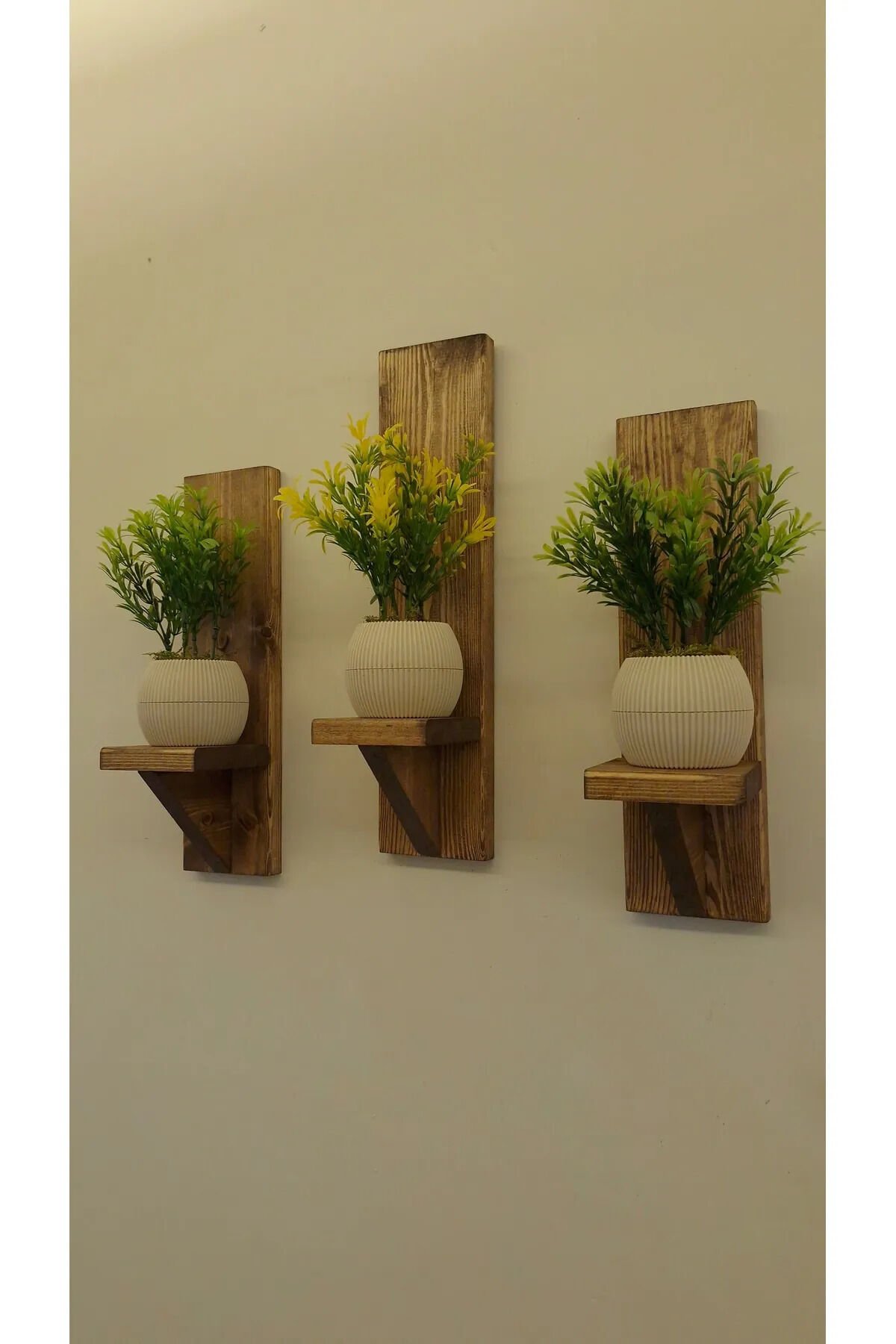 Dekoratif Ahşap Duvar Rafı Balkon Rafı Saksılık Rustik 3 adet