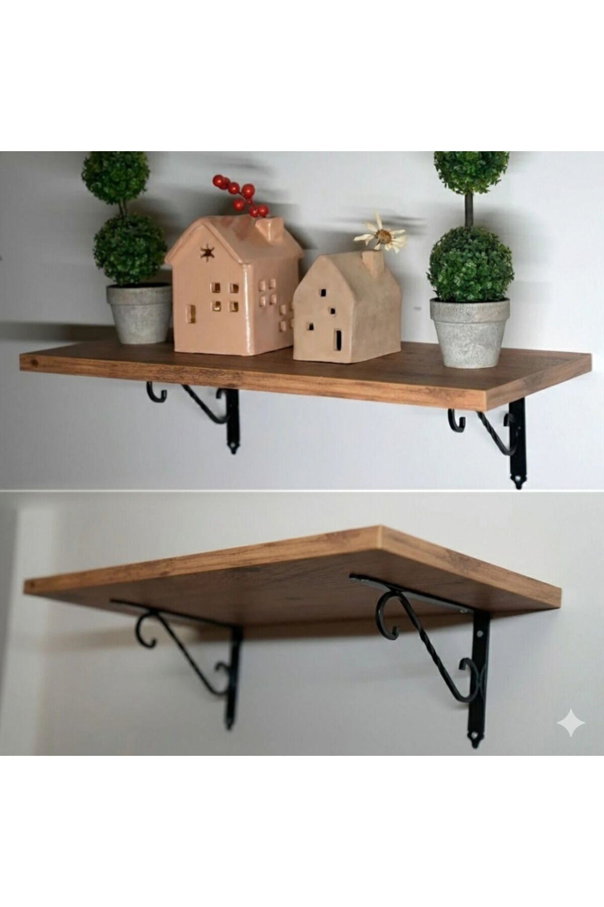  Ferforje Ayaklı Dekoratif Ahşap Duvar Rafı