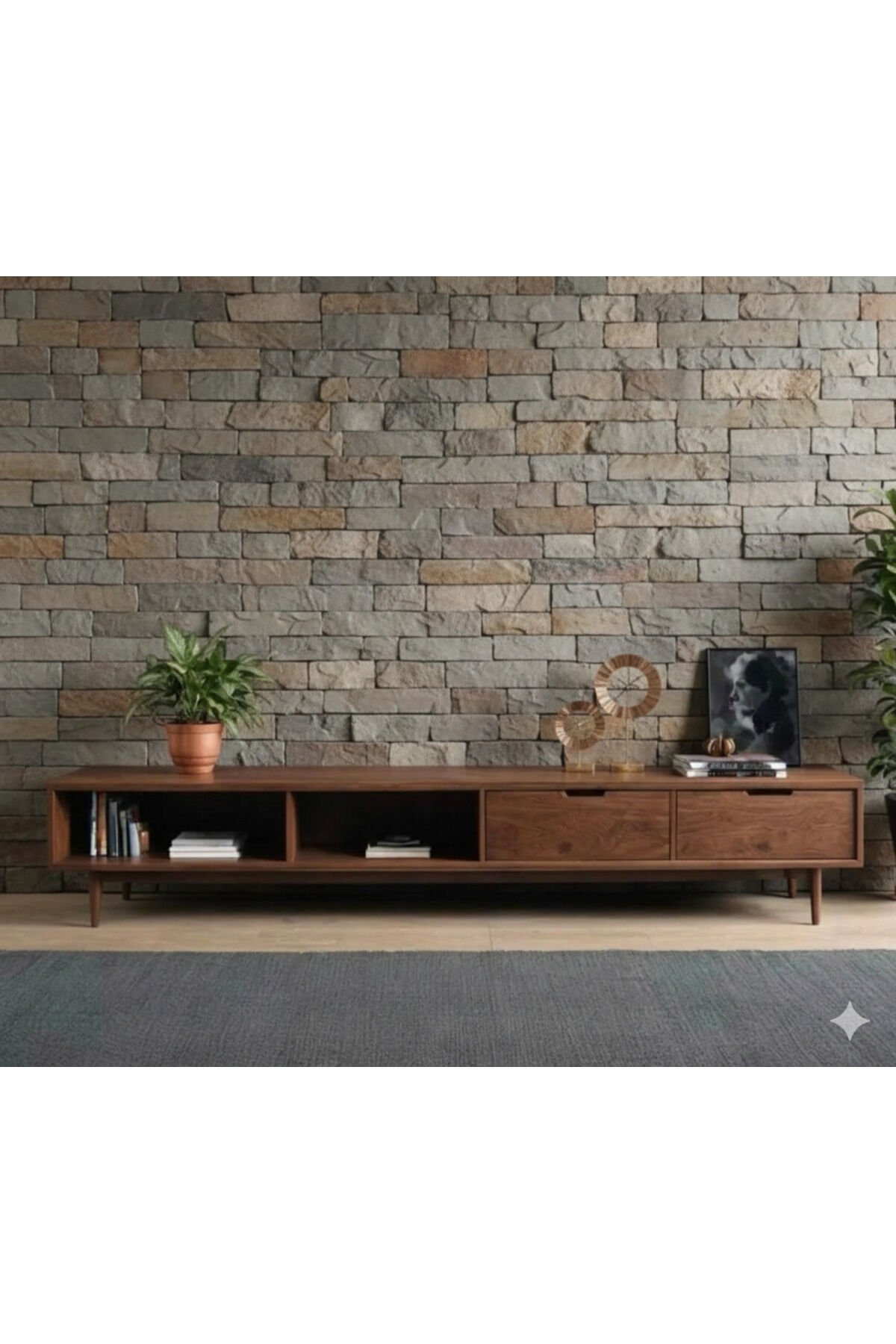 Masif Ahşap Raflı Kapaklı Tv Ünite 220 cm