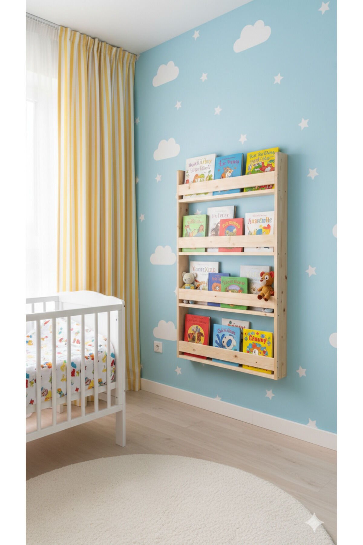  Masif Ahşap Montessori çocuk kitaplığı 4 Raflı Duvar tipi natural renk kitaplık eğitici tasarım