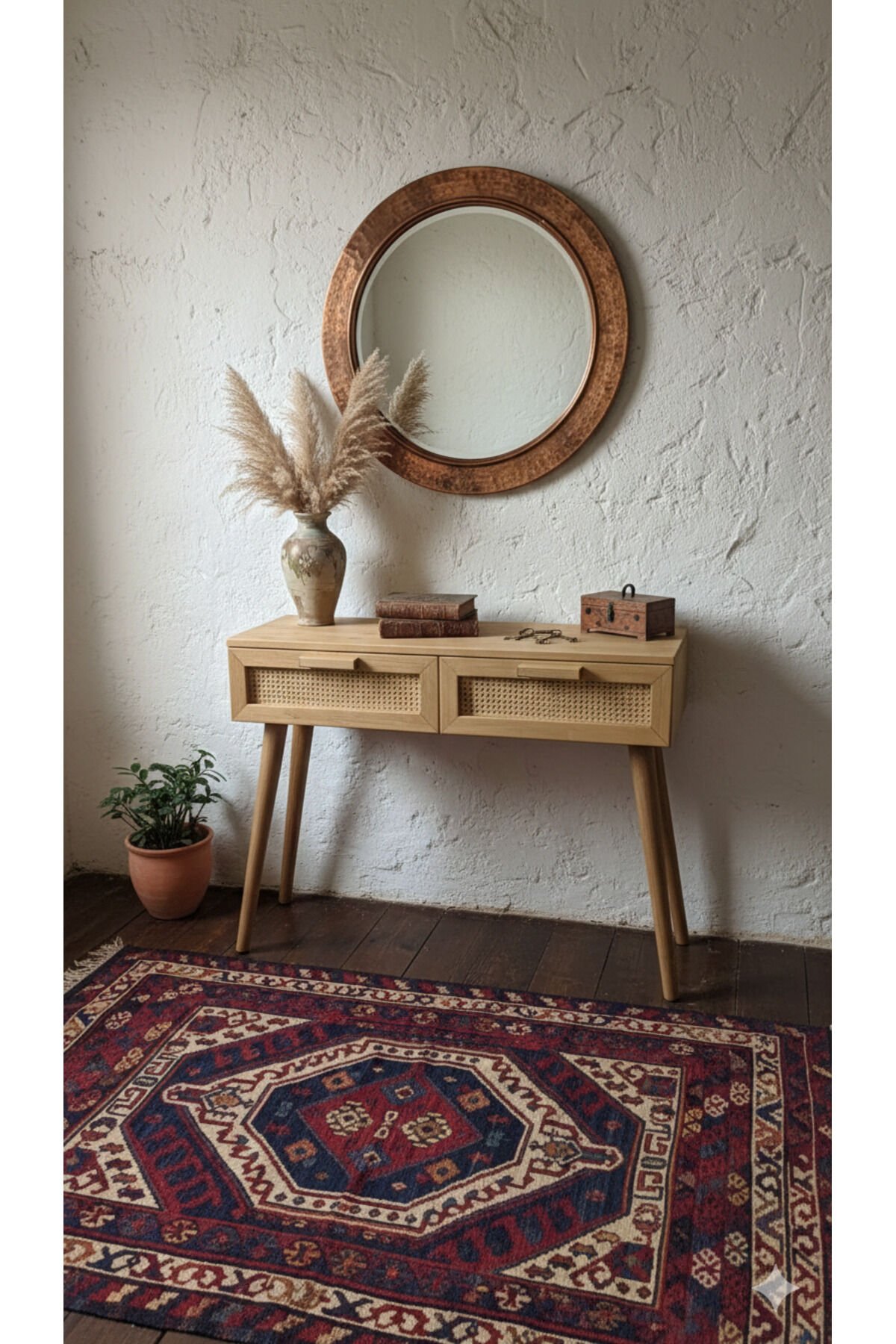 Masif Ahşap Hasır Desenli Hazeran Çift Çekmeceli Dresuar Konsol