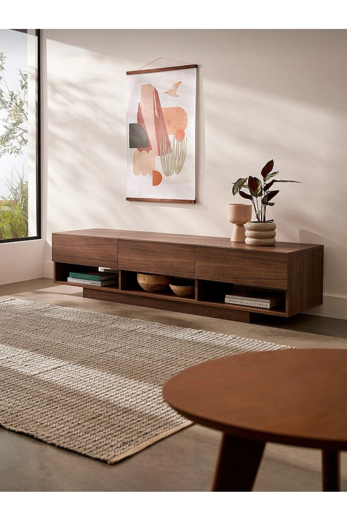 Lüks Masif Ahşap Tv Ünitesi Çekmeceli Tv Unit Ceviz renk