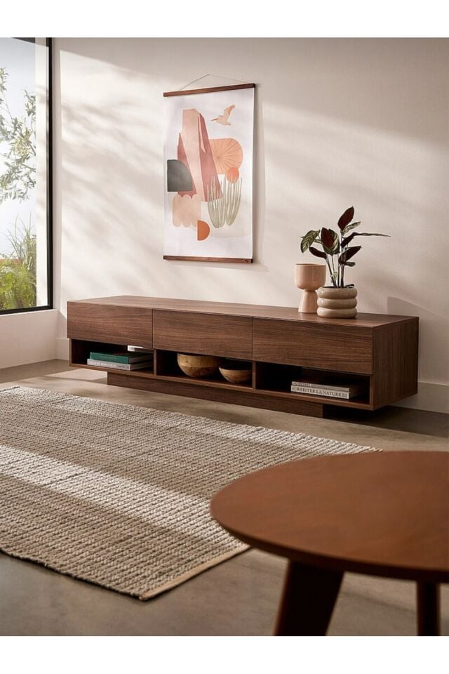 Lüks Masif Ahşap Tv Ünitesi Çekmeceli Tv Unit Ceviz renk