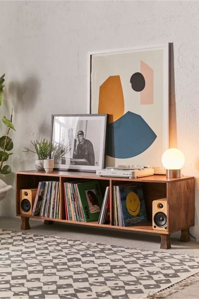 Masif Ahşap Açık Raflı Oldschool Model Plak Dolabı, Konsol Ceviz Renk