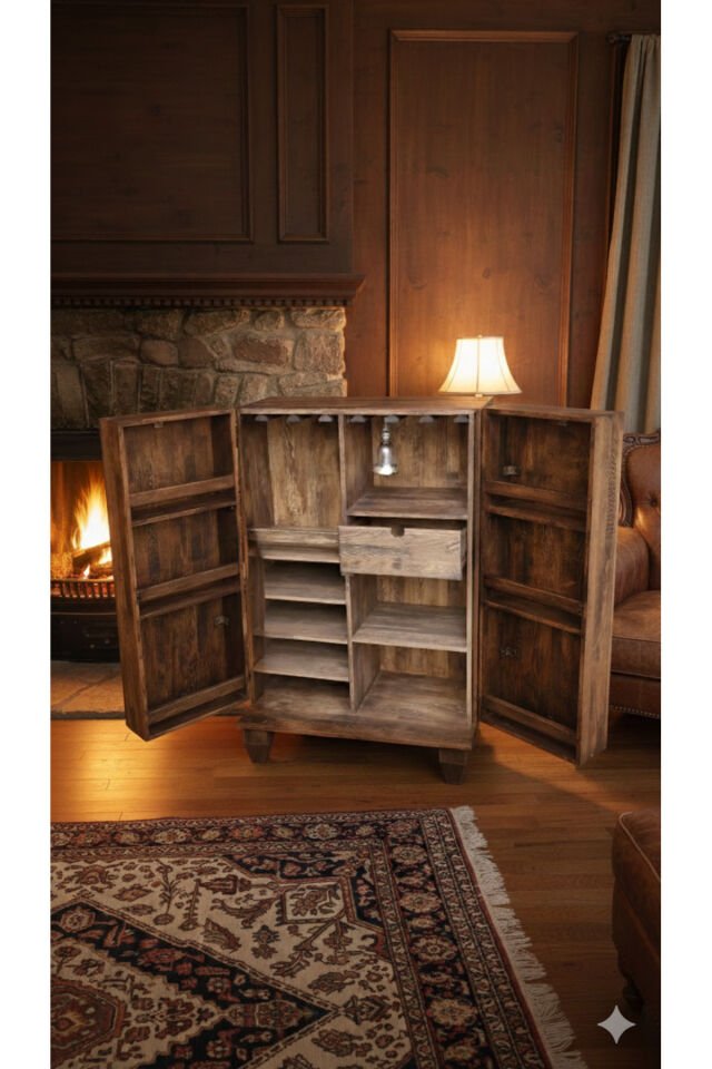 Lüks Masif Ahşap Bar Dolabı Rustik Dolap Çok Amaçlı İçki Dolabı Meşrubat Dolabı