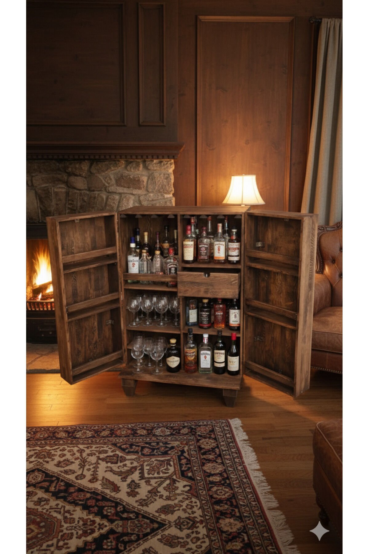 Lüks Masif Ahşap Bar Dolabı Rustik Dolap Çok Amaçlı İçki Dolabı Meşrubat Dolabı