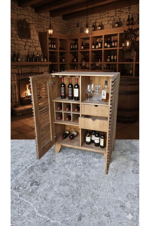 Özel Tasarım Masif Ahşap Izgara Kapaklı Mini Bar Dolabı Ceviz Renk
