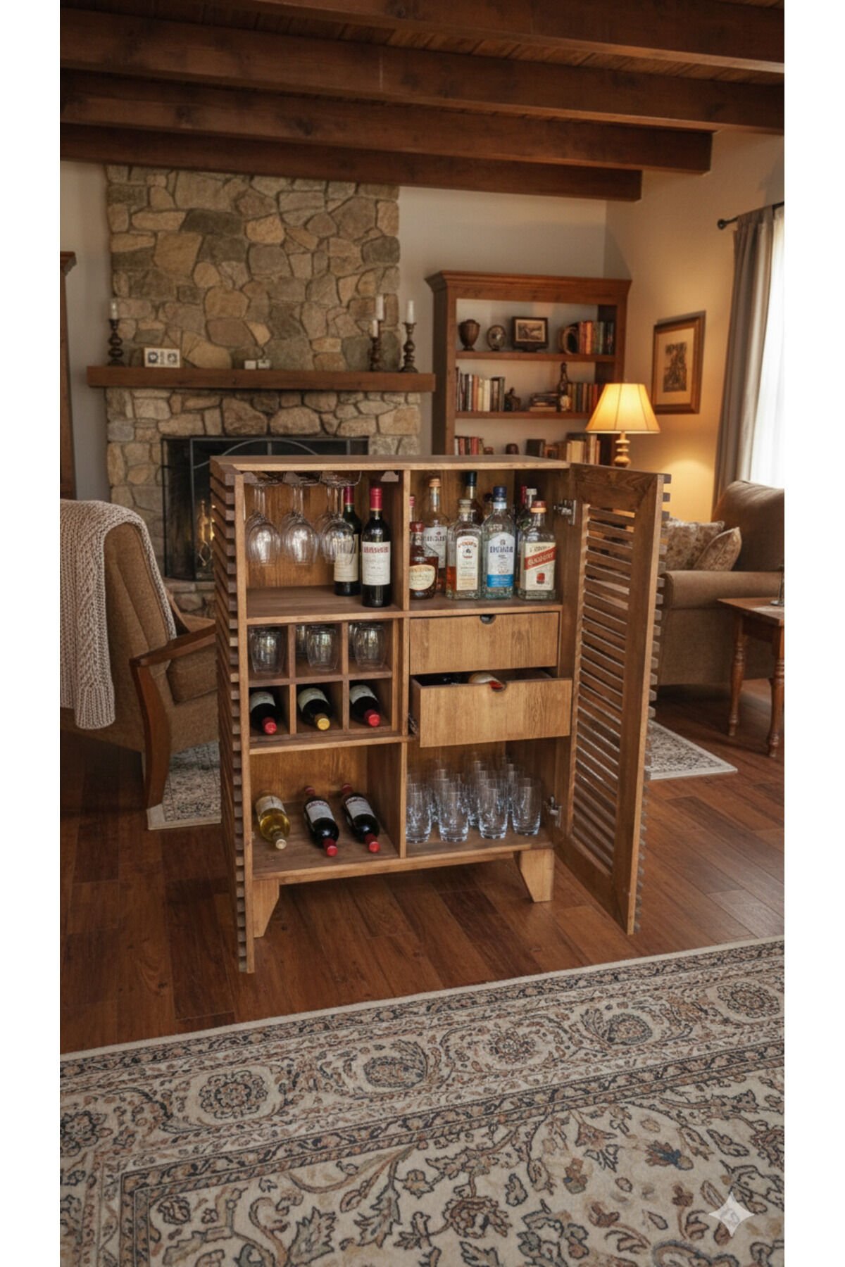 Özel Tasarım Masif Ahşap Izgara Kapaklı Mini Bar Dolabı Ceviz Renk