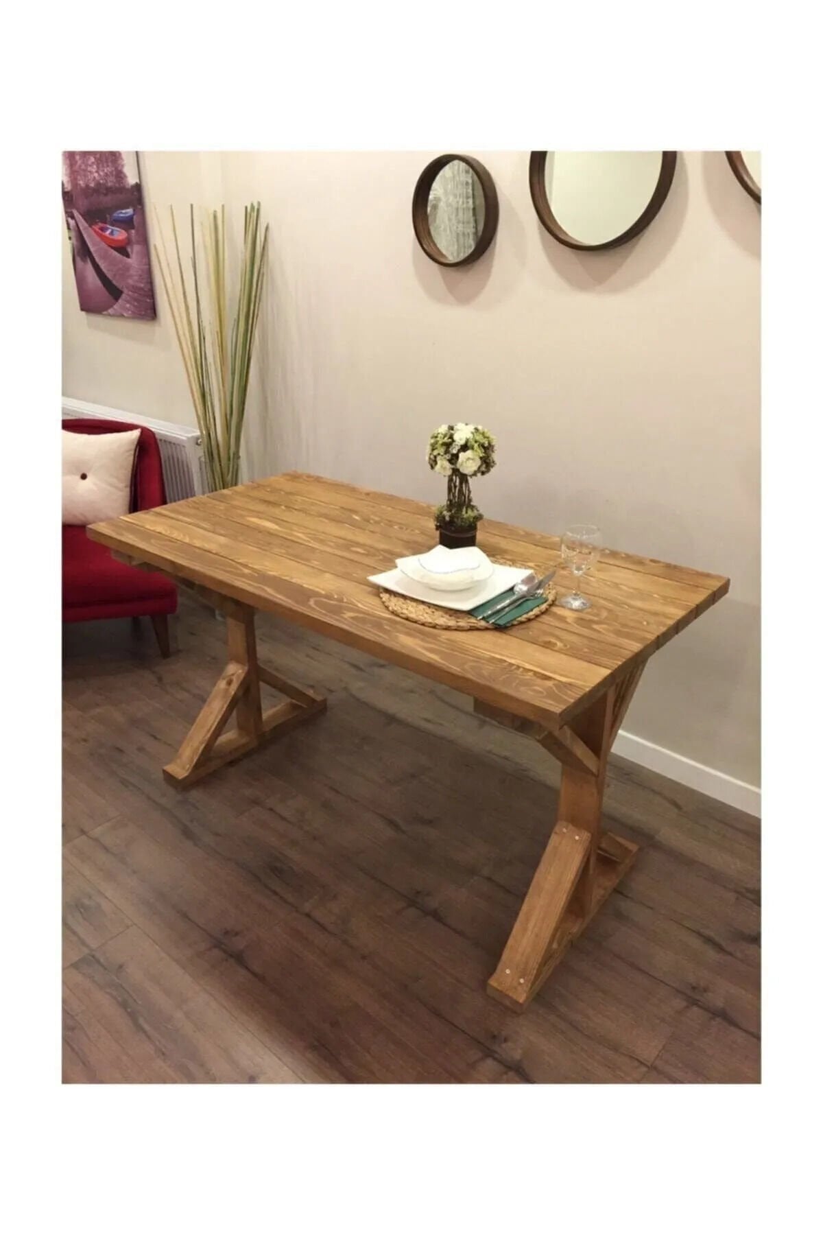 Dekoratif Doğal Ahşap Yemek Masası Çalışma Masası Ofis Masası 120x70 cm Tütün Renk