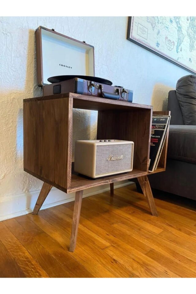  Dekoratif Masif Ahşap Plak Ve Pikap Masası Yan Sehpa Kitaplık Sehpası