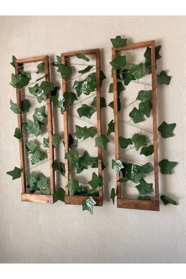  3'lü Ahşap Peri Ledli Sarmaşıklı Duvar Çıtası Kış Bahçesi Balkon Duvar Dekor Bohem Retro