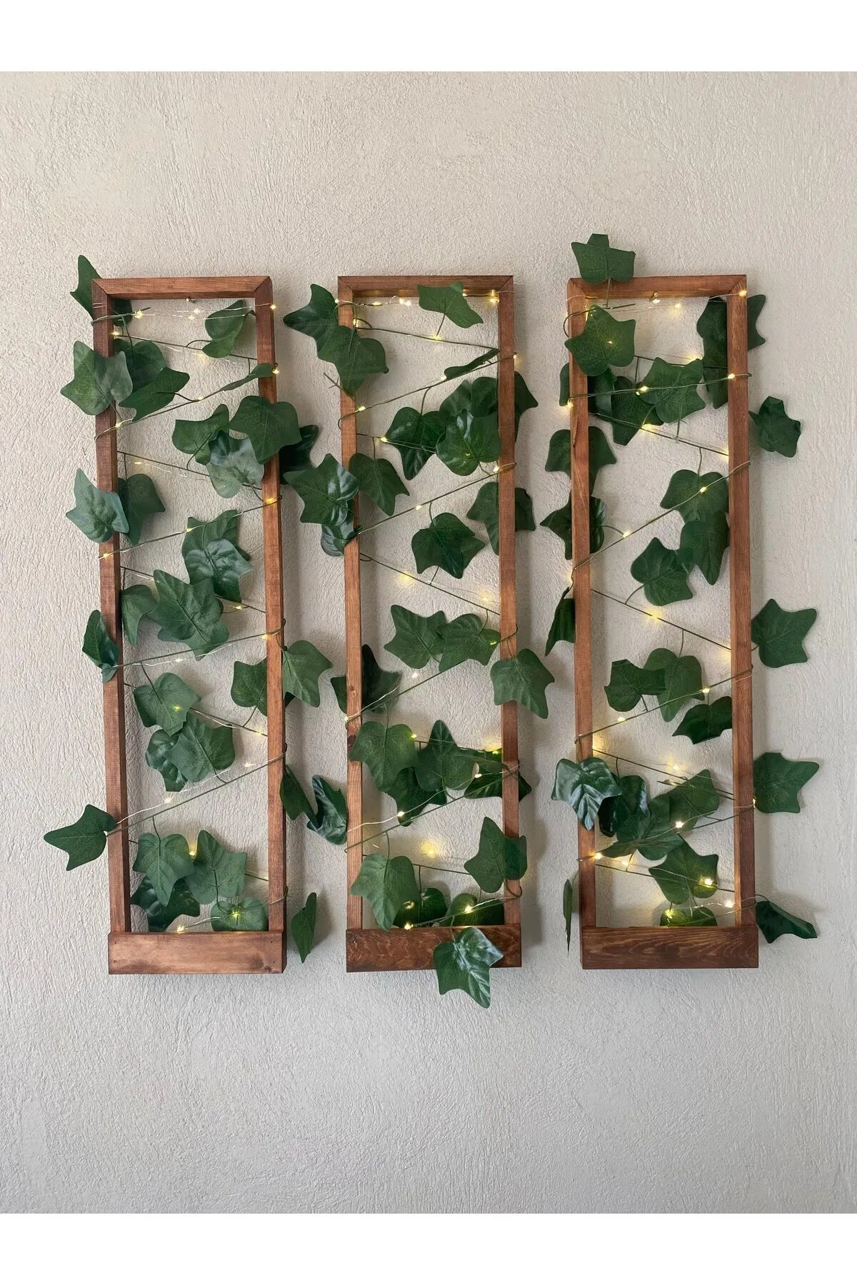  3'lü Ahşap Peri Ledli Sarmaşıklı Duvar Çıtası Kış Bahçesi Balkon Duvar Dekor Bohem Retro